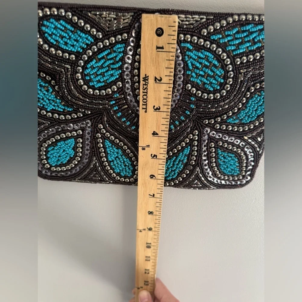 Ricki Designs Floral Beaded Chain Shoulder Strap Small Clutch Purse Turquoise